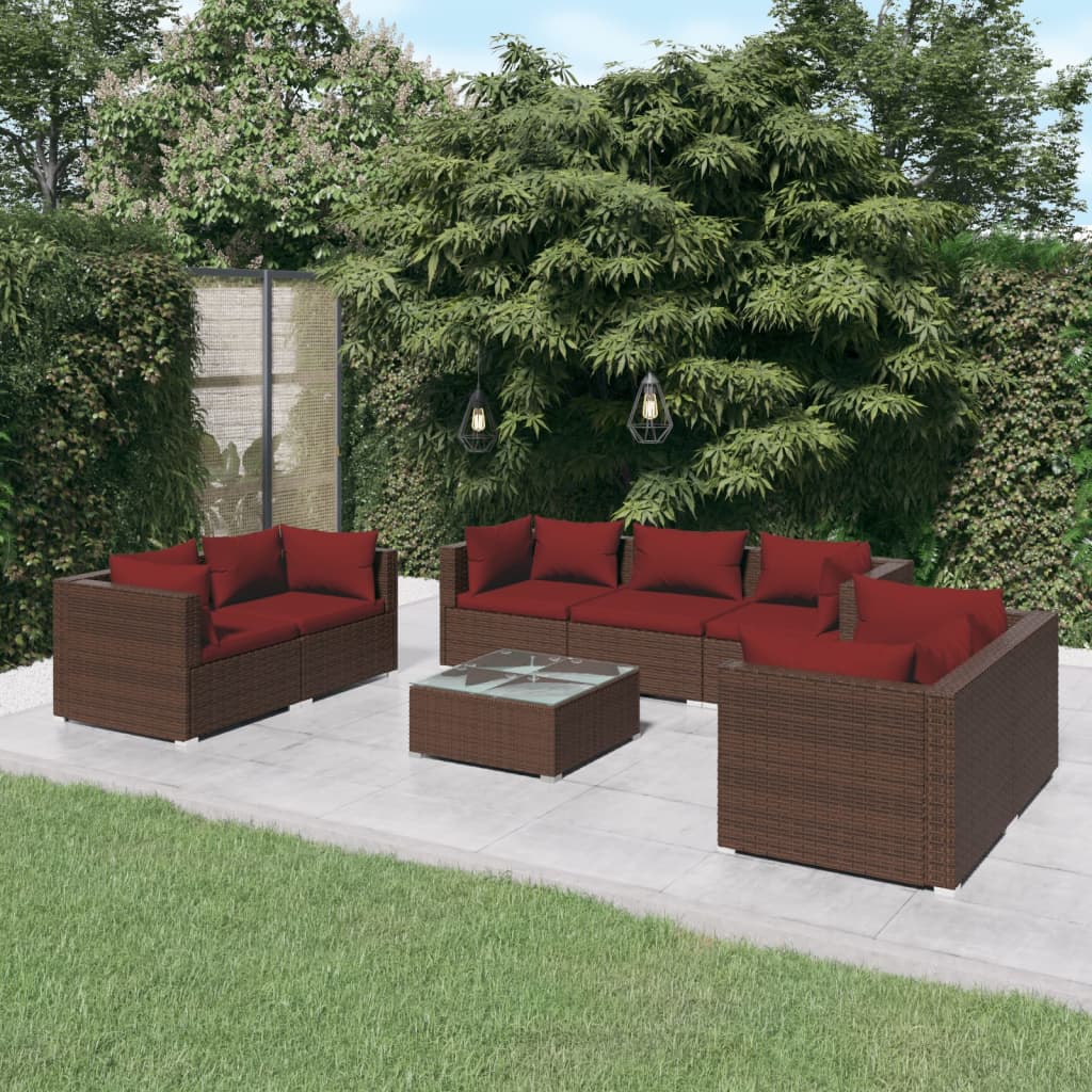 vidaXL 8 Piece Patio Lounge Set with Cushions Poly Rattan Brown-2