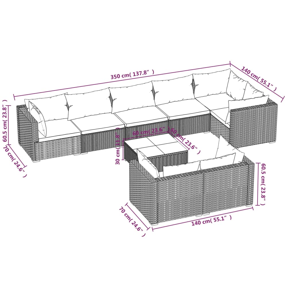vidaXL 9 Piece Patio Lounge Set with Cushions Gray Poly Rattan-4