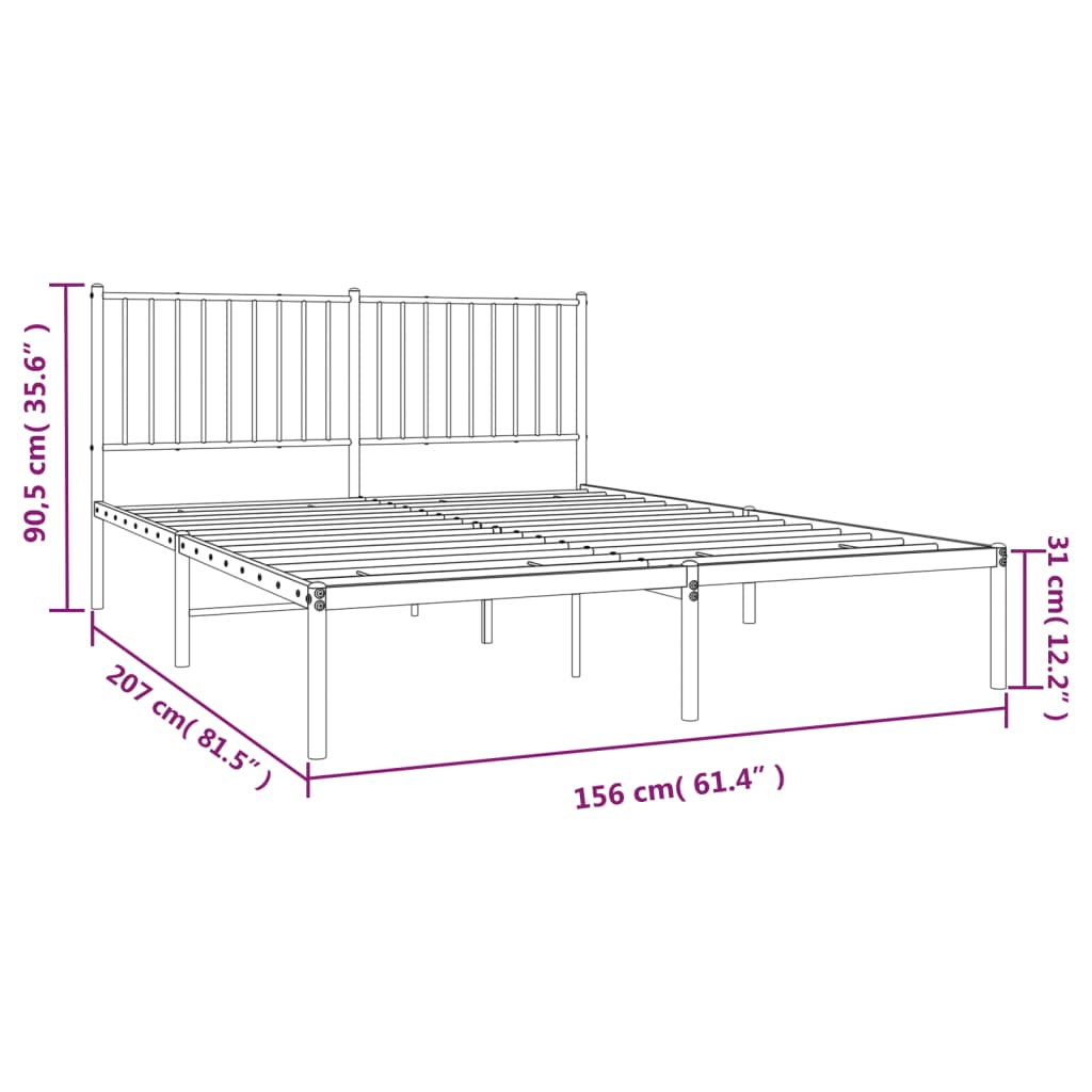 vidaXL Metal Bed Frame with Headboard White 59.8"x78.7"-1