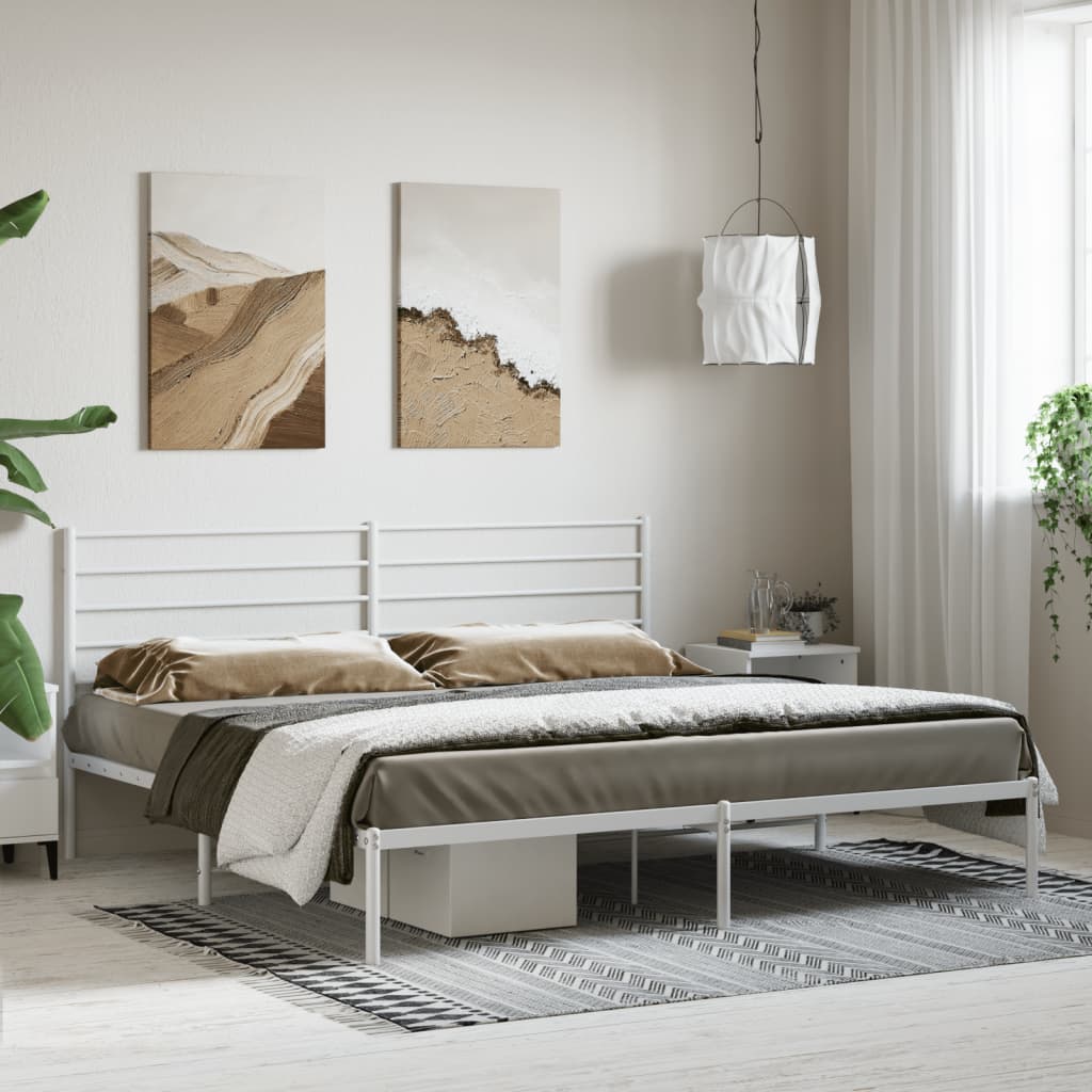 vidaXL Metal Bed Frame with Headboard White 76"x79.9" King-2