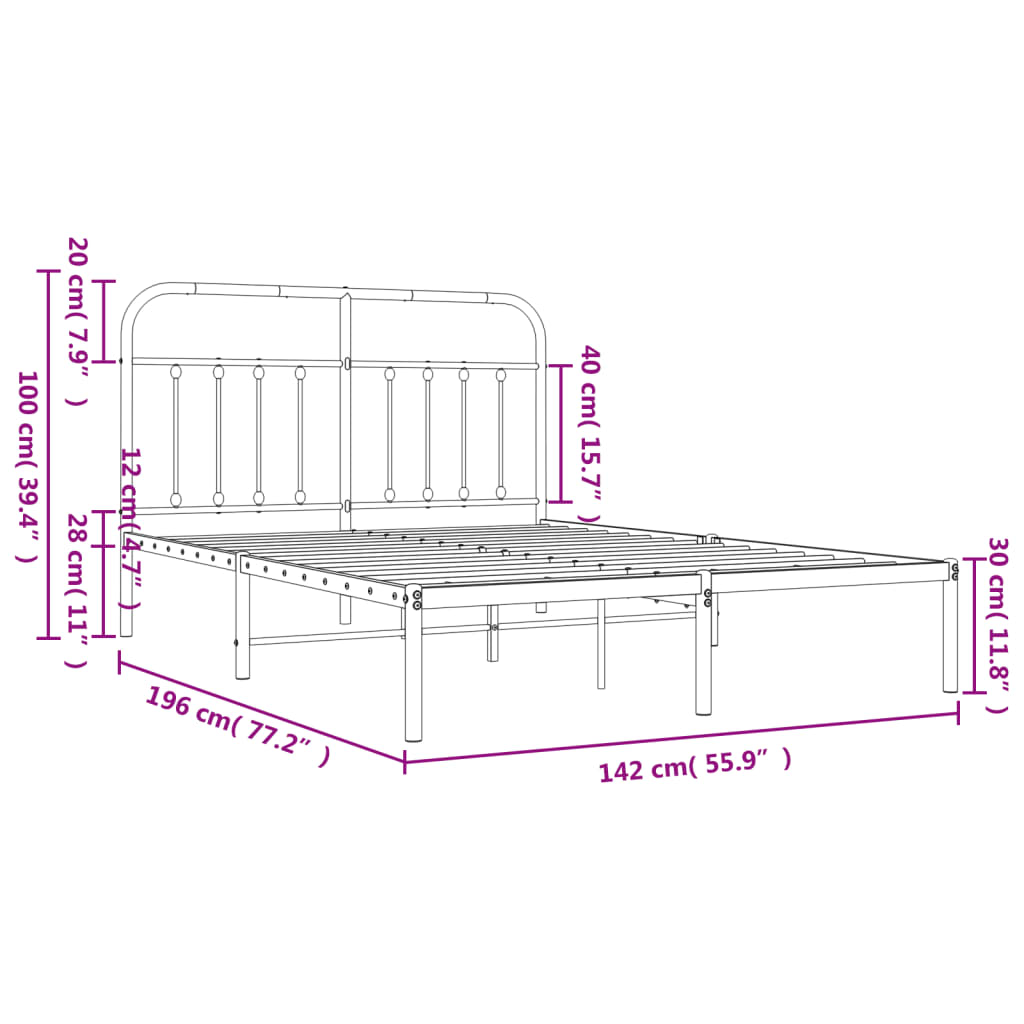 vidaXL Metal Bed Frame with Headboard Black 53.1"x74.8"-3