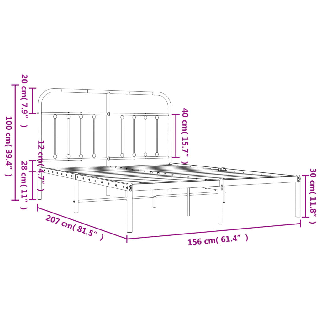 vidaXL Metal Bed Frame with Headboard Black 59.1"x78.7"-4
