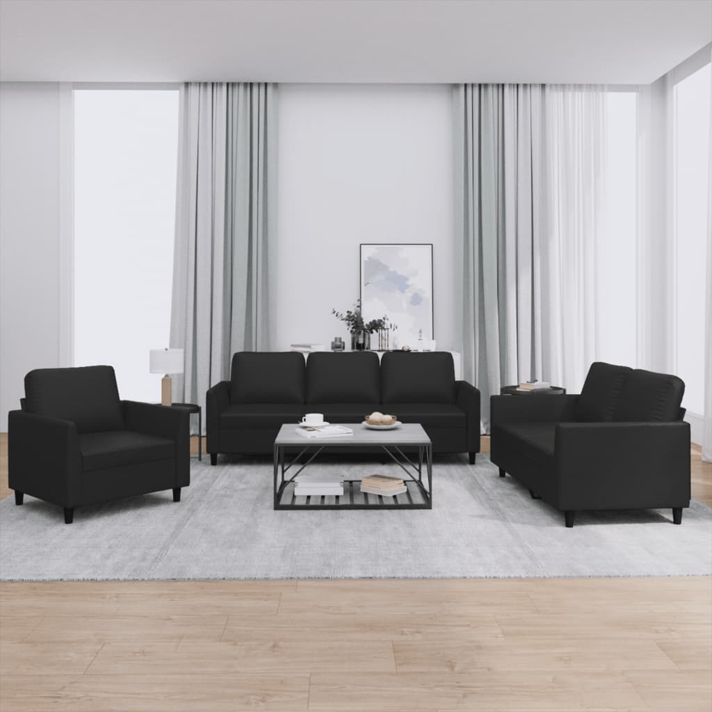 vidaXL 3 Piece Sofa Set with Cushions Black Faux Leather-0