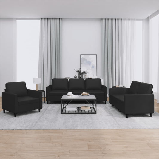 vidaXL 3 Piece Sofa Set with Cushions Black Faux Leather-0