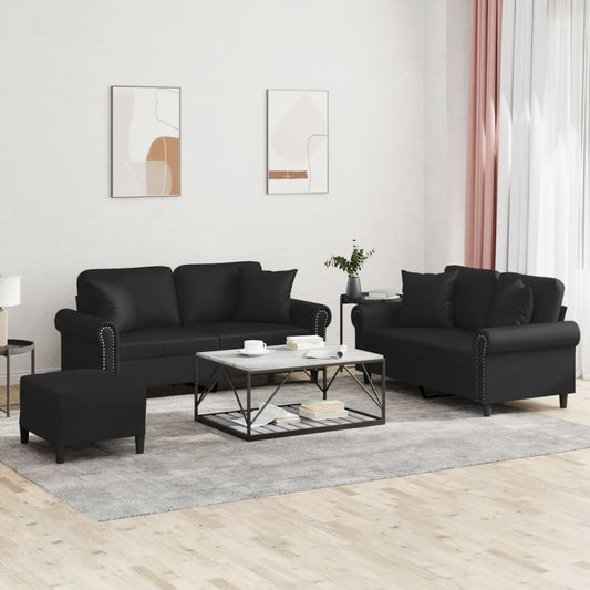 vidaXL 3 Piece Sofa Set with Pillows Black Faux Leather-0