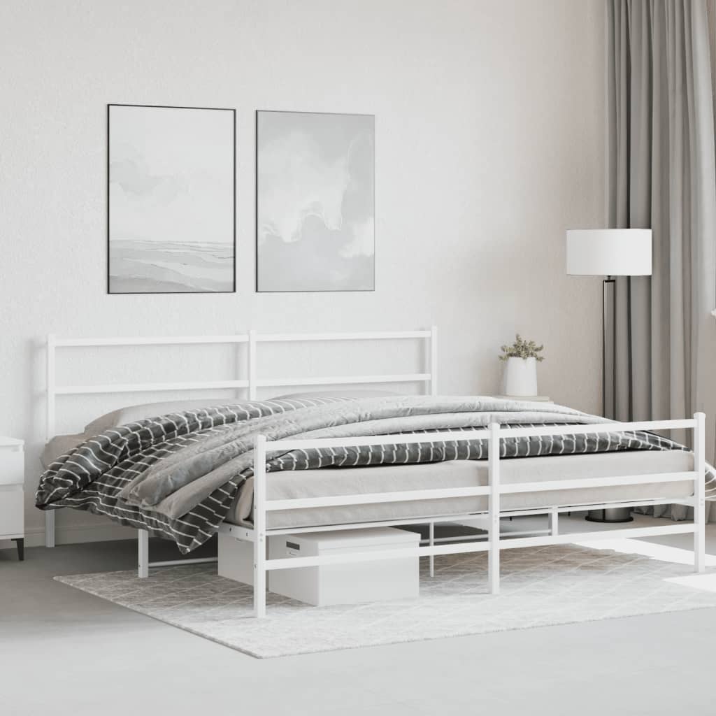 vidaXL Metal Bed Frame with Headboard and Footboard White 76"x79.9" King-1