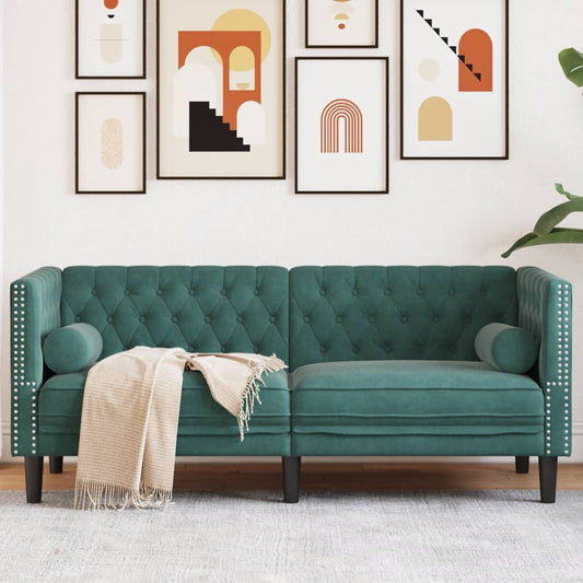 vidaXL Chesterfield Sofa with Bolsters 2-Seater Dark Green Velvet-0