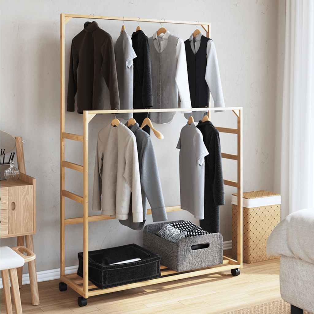 vidaXL Clothes Rack with Shelves and Wheels 35.4"x13.8"x61" Bamboo-2