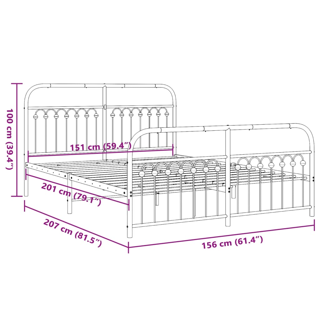 vidaXL Metal Bed Frame with Headboard and Footboard White 59.1"x78.7"-3