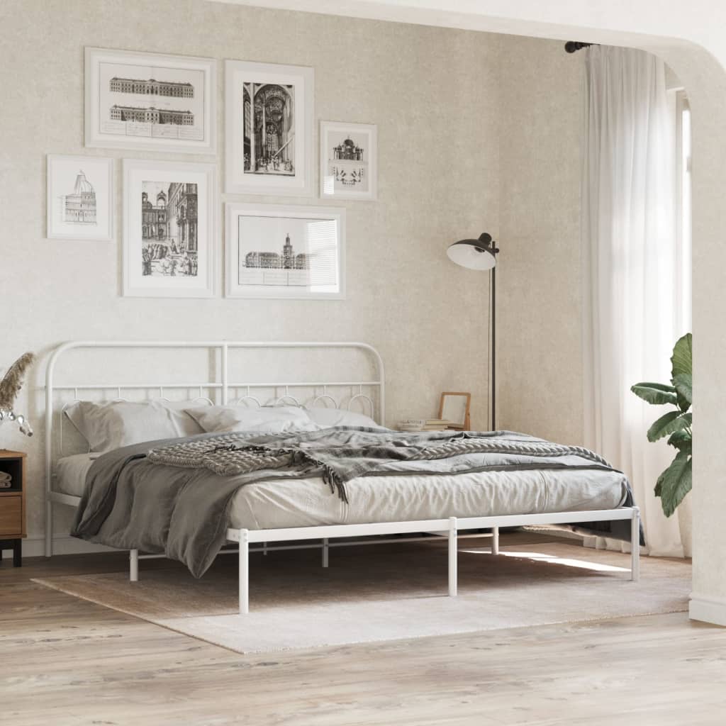 vidaXL Metal Bed Frame with Headboard White 76"x79.9" King-2