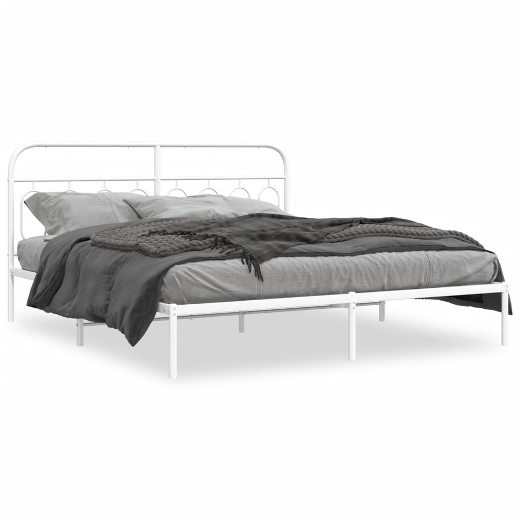 vidaXL Metal Bed Frame with Headboard White 76"x79.9" King-0