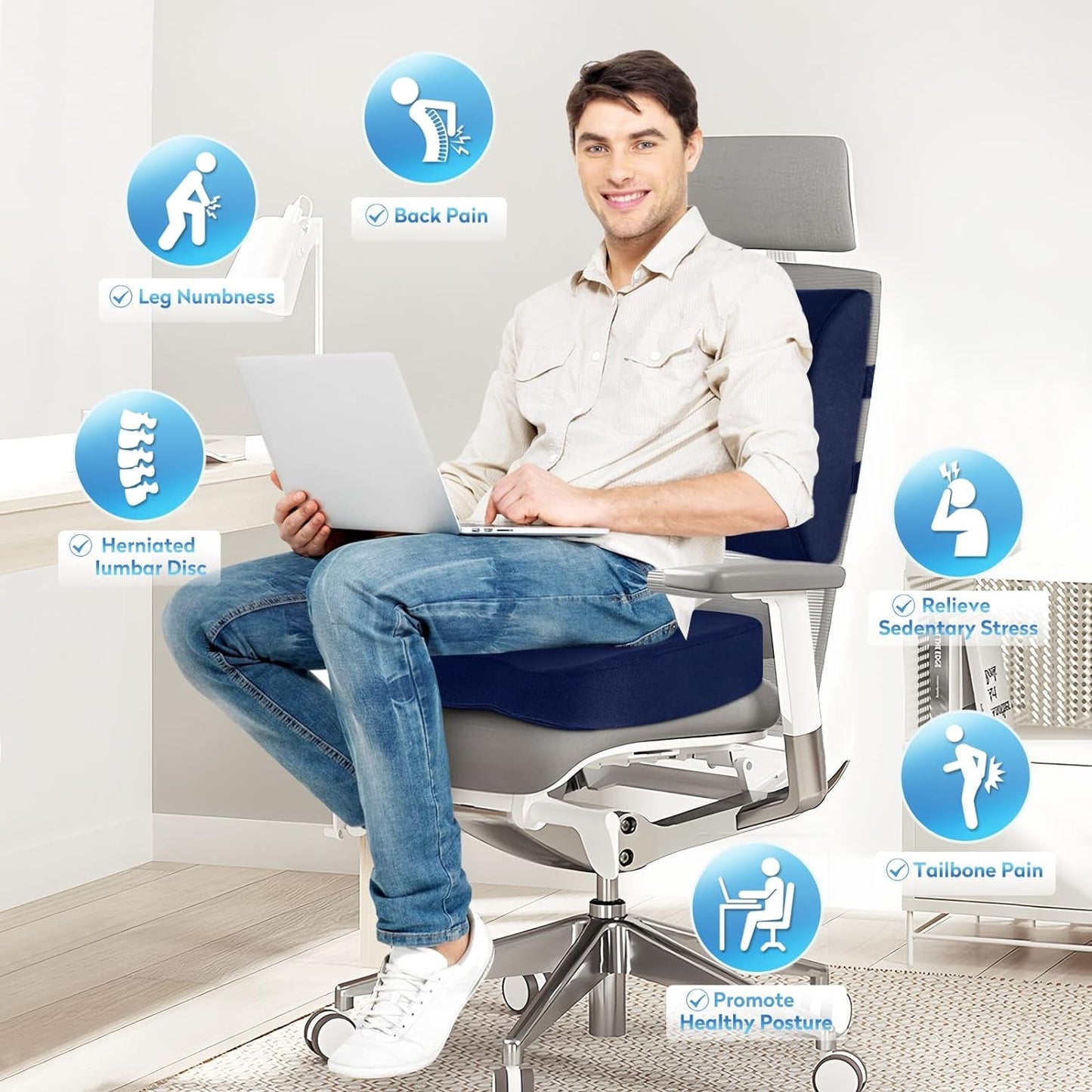 Seat Cushion,Office Chair Cushion,Car Seat Cushion,Lumbar Support Pillow for Office Chair,Back Support Memory Foam Pillow Coccyx Cushion for Tailbone Pain,Sciatica & Back Pain Relief -Blue-4