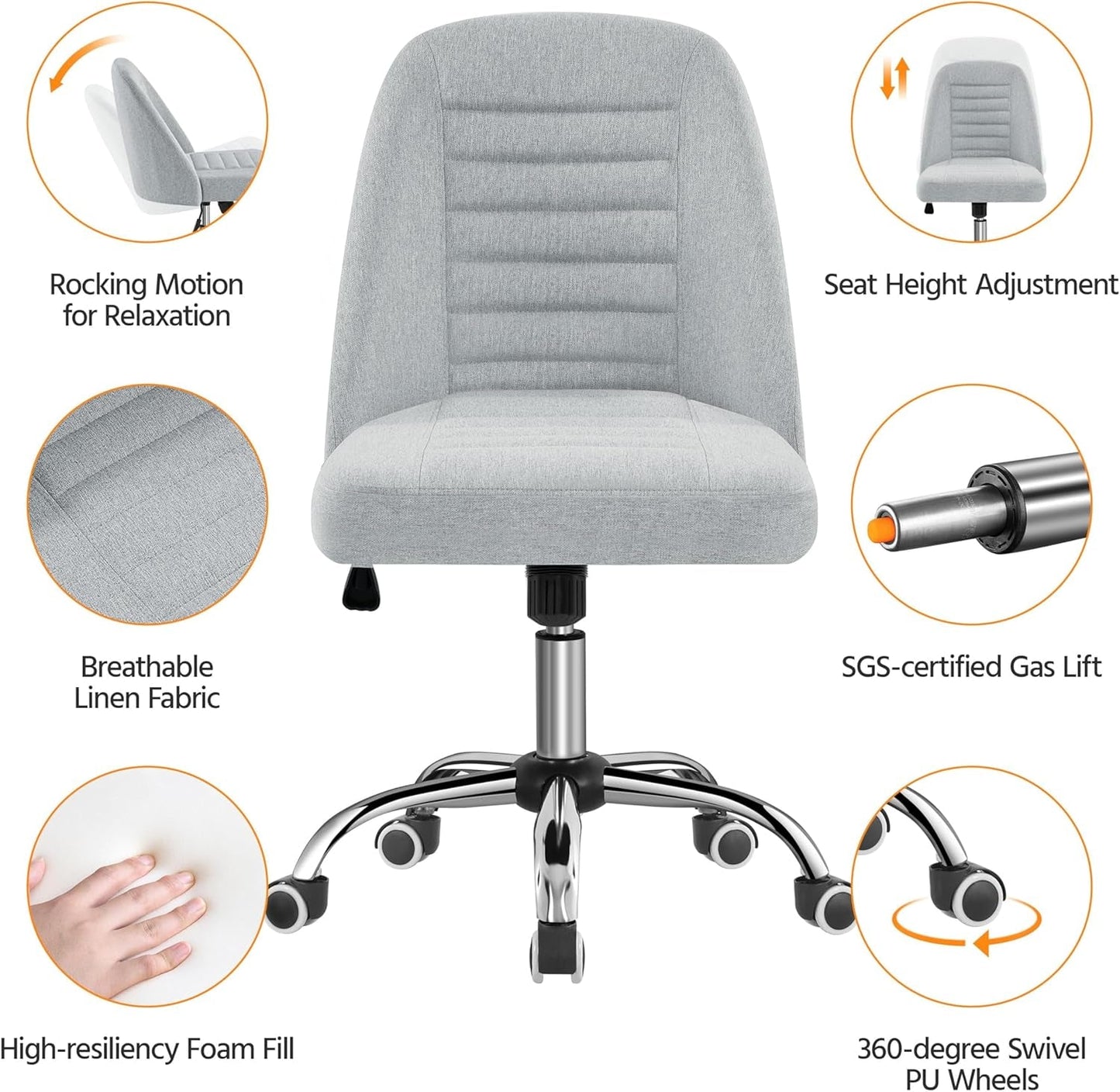 Home Office Desk Chairs, Modern Armless Vanity Chair, Mid Back Desk Chair, Linen Fabric Computer Task Chair with Rolling Wheels, Metal Base-4