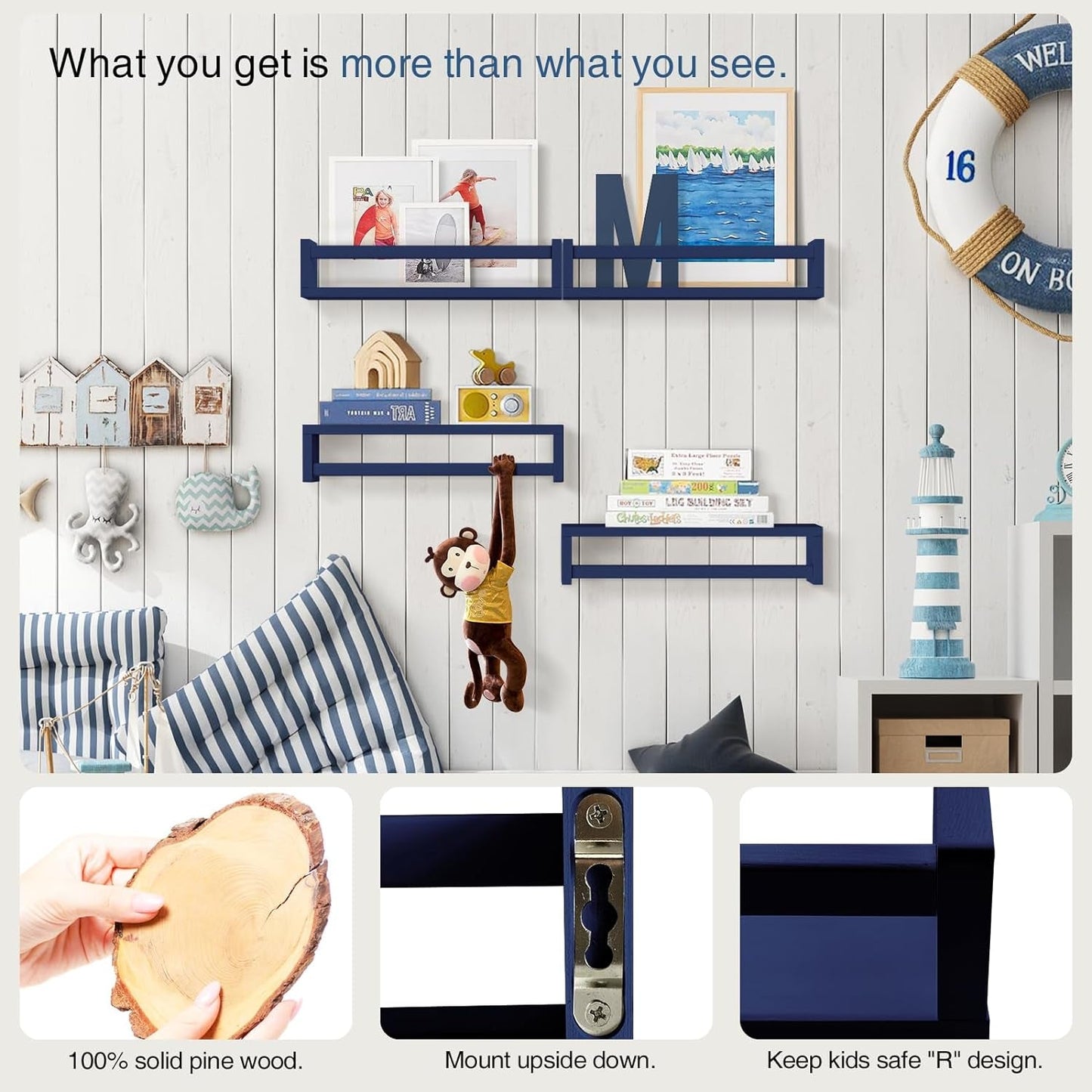 Navy Blue Floating Book Shelves for Nursery Boy, Decorative Wall Bookshelf for Kids Room, Small Wood Floating Shelves Wall Mounted for Boys Bedroom Bathroom (Set of 4, Blue)-4