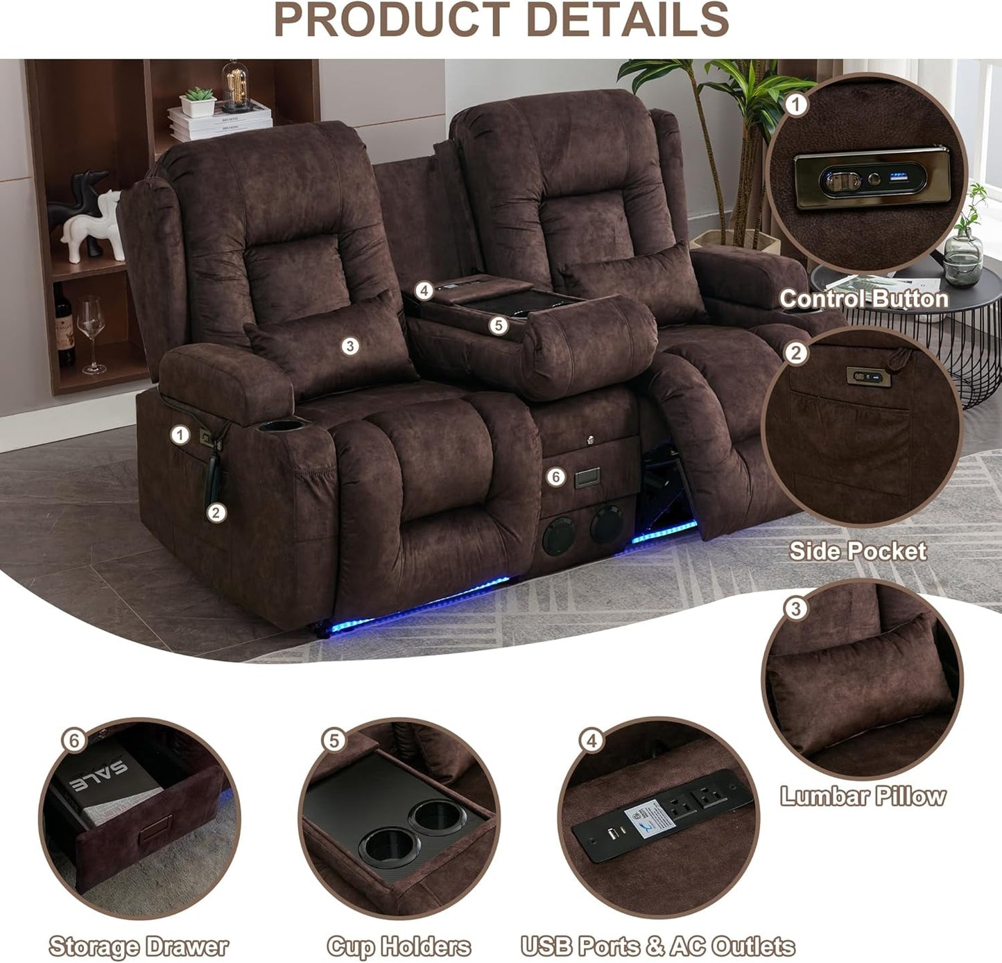 Power Loveseat Recliner Sofa with Massage & Heat Home Theater Seating with Console RV Recliner Loveseat Sofa with Usb/Outlet/Storage/Side Pocket/Led Light/Speaker (Velvet, Brown)-4