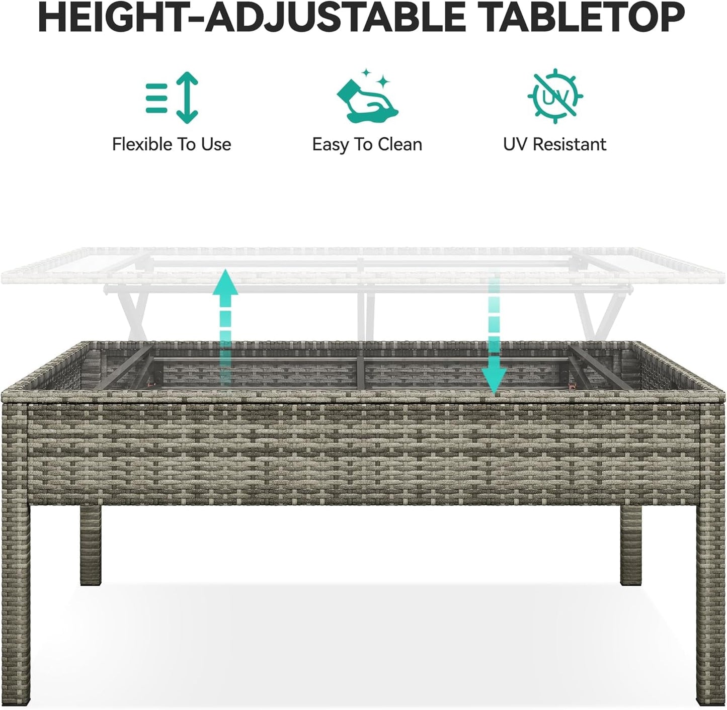 L-Shaped Outdoor Sectional Sofa Set with Adjustable Lift-Top Dining Table, All-Weather Wicker Patio Furniture, Ottoman & Tempered Glass Top, Gray Gradient-4