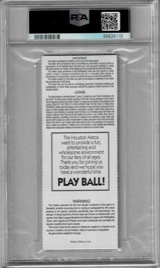 Encased Houston Astros Baseball 1st Division Title Game Ticket PSA 4 for collectors