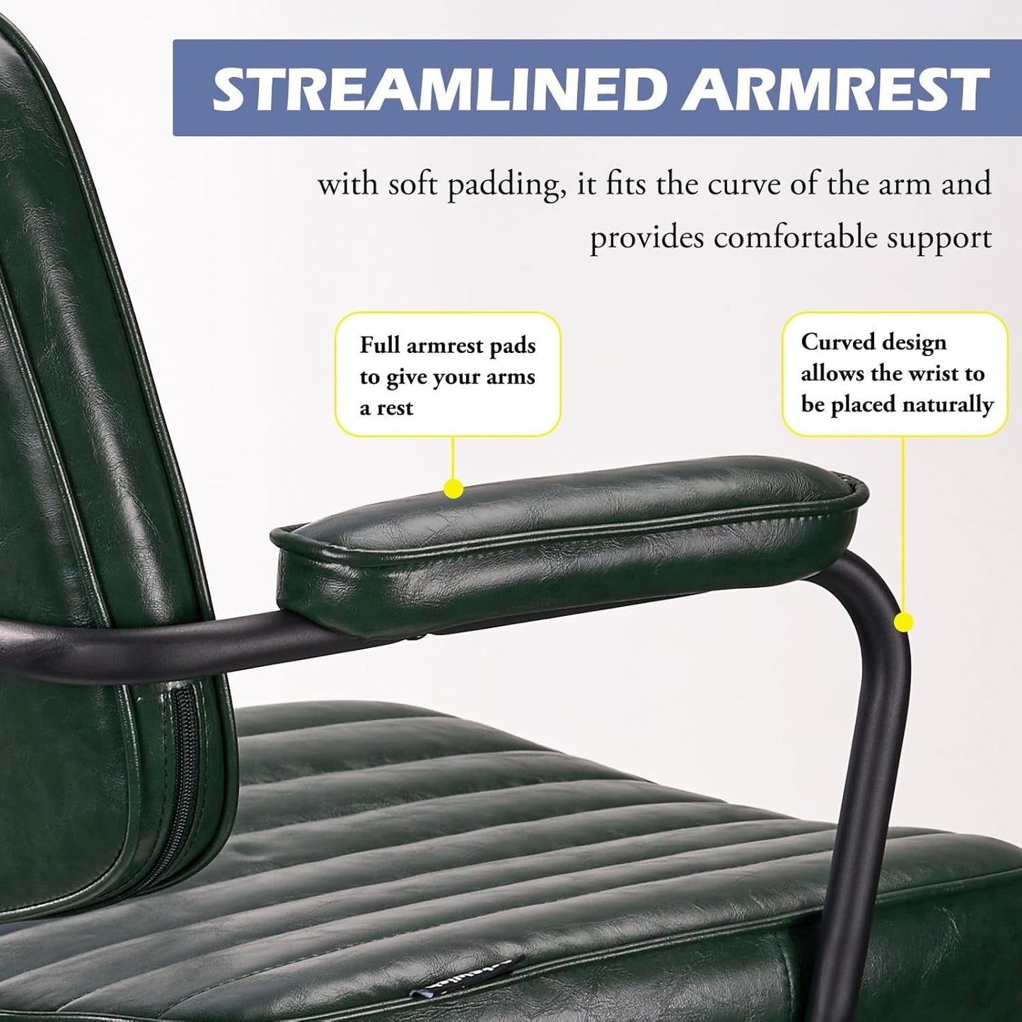 Mid Century Office Chair Leather Desk Chair Green Office Desk Chair Home Office Chair with Wheels and Arms-4