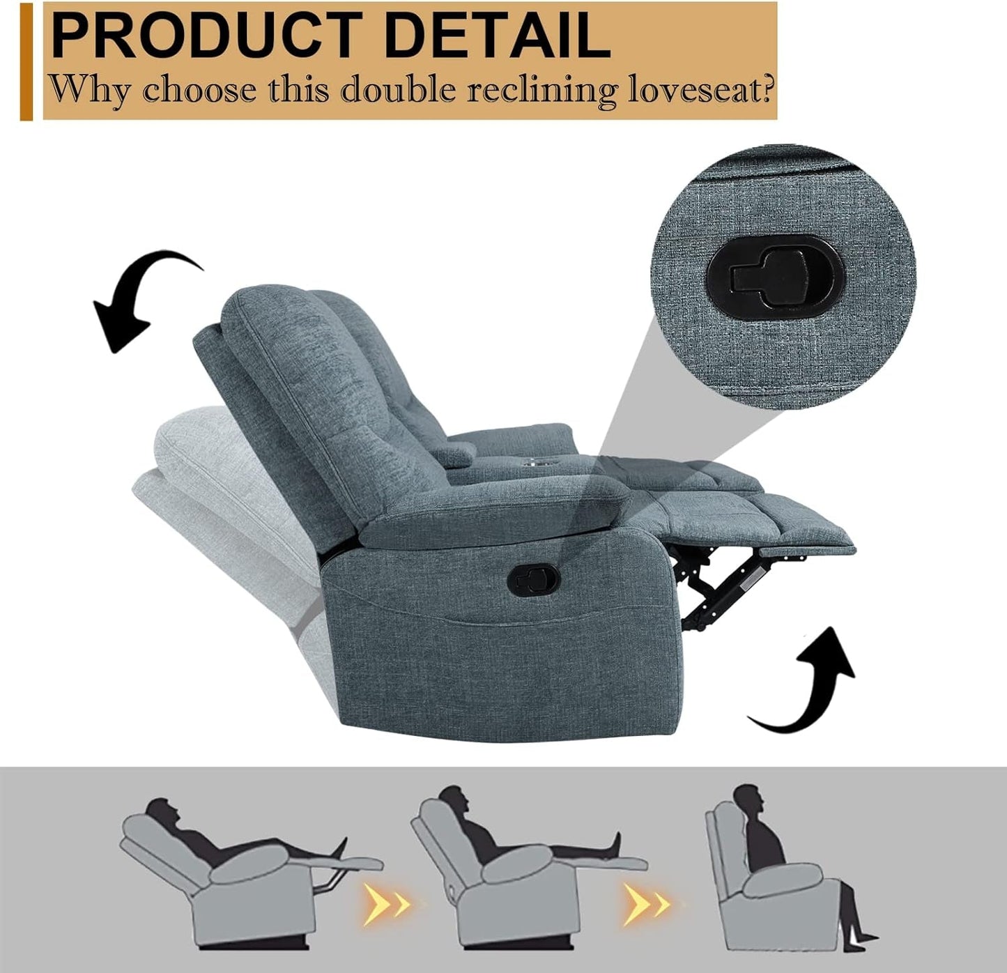 Double Reclining Loveseat - Fabric Home Theater Seating with Console - 2 Seater Manual Reclining Couch for Living Room, Office (Fabric- Blue)-4