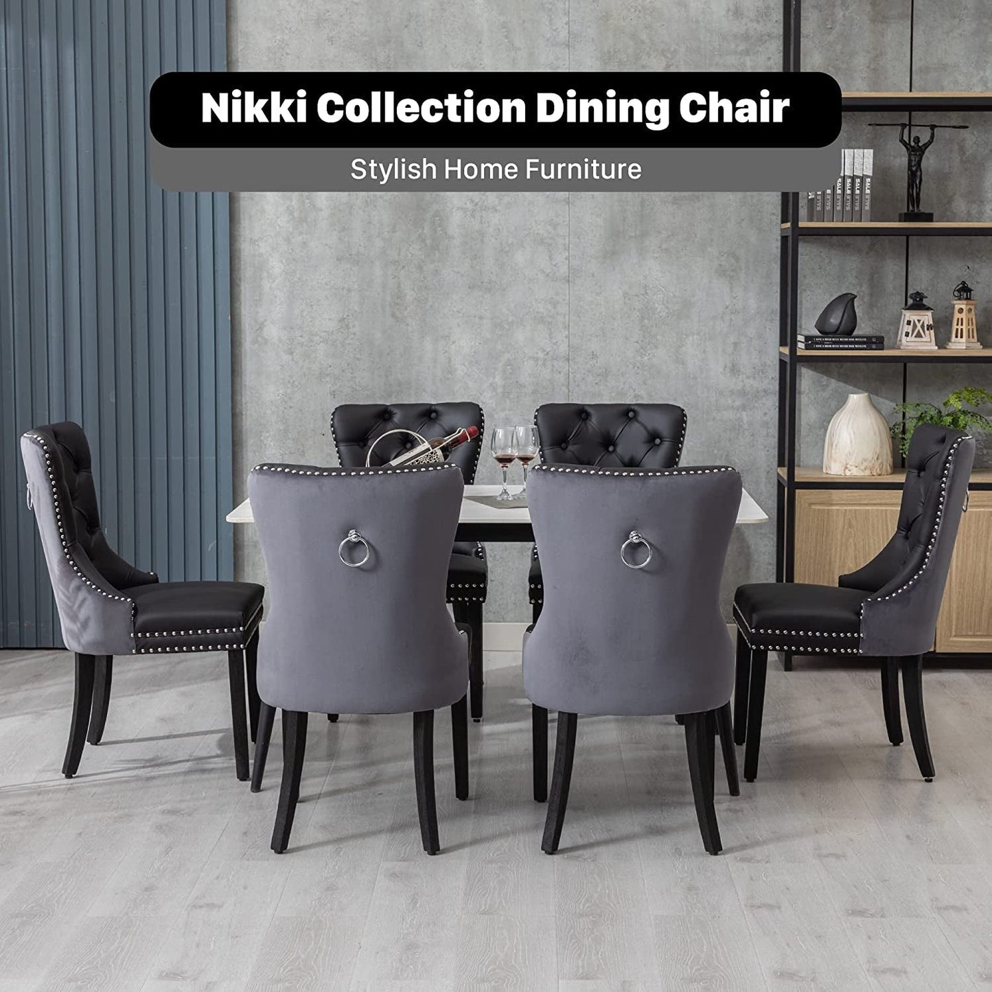 Black and Dark Grey Velvet Dining Chairs Set of 6 with Nailhead Trim and Pull Ring-4