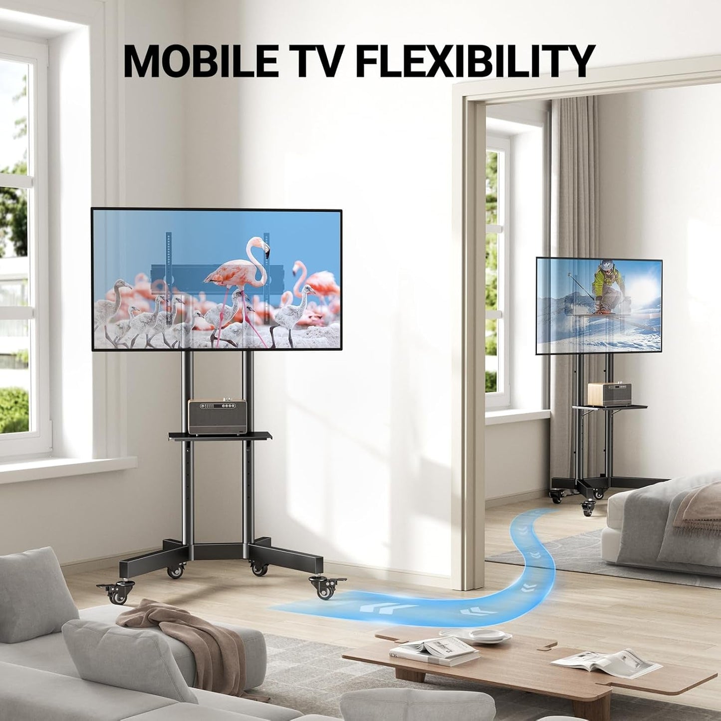 Rolling TV Stand for 32-85 Inch Tvs Holds up to 132 Lbs, Height Adjustable Mobile TV Cart with Wheels, Mobile TV Stand with Tray, Portable TV Stand for 4K Tvs Max VESA 600X400Mm PSTVMC01-4