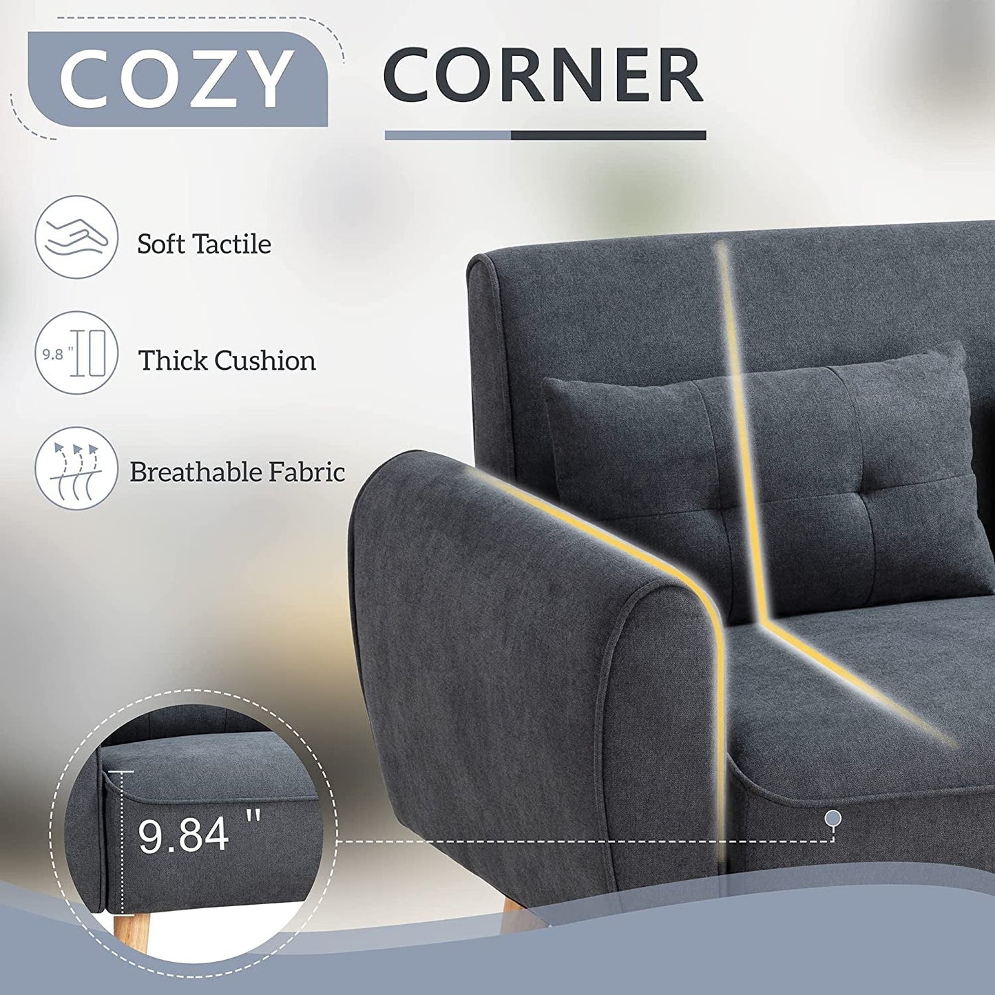 Grid Tufted Loveseat Sofa with Wood Legs (Yellow)-4