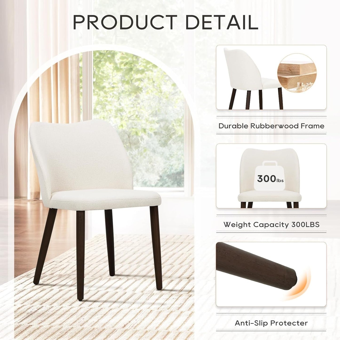 Upholstered Dining Chairs Set of 2, Modern Fabric Dining Room Kitchen Side Chair with Padded Seat and Wood Legs for Restaurant/Cafe, Beige-4