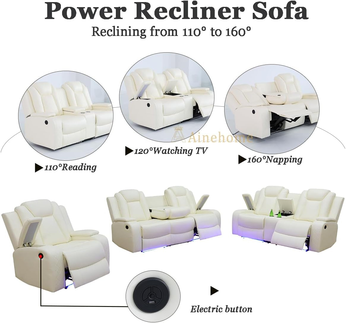 Luxury Living Room Furniture Sets Power Recliner Sectional Sofa Recliner Couch Set Recliner Leather Couch and Recliner Set Loveseat Chair for House/Office/Theater Seating(Creamy White)-4