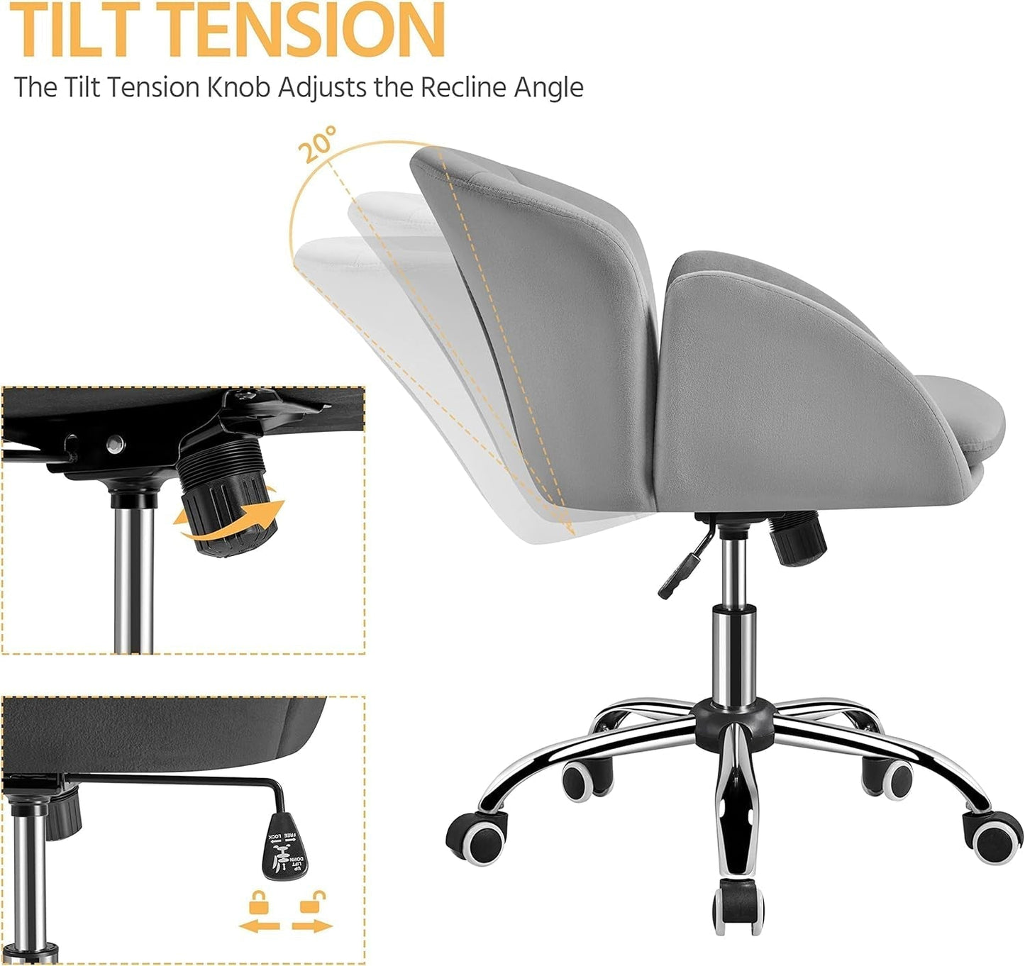 Cute Velvet Desk Chair for Home Office, Makeup Vanity Chair with Armrests for Bedroom Modern Swivel Rolling Chair for Women Light Gray-4