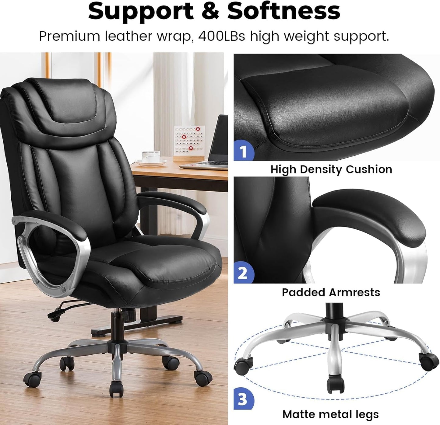 Ergonomic Office Chair Home Office Desk Chairs Comfy Back Support PU Leather Executive Office Chair with Wheels Headrest Padded Armrests Height Adjustable Tilt Swivel Rolling Reclining Seat-4