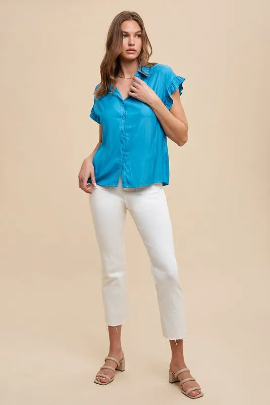 Annie Wear Relaxed Fit Ruffle Sleeve Woven Blouse Top