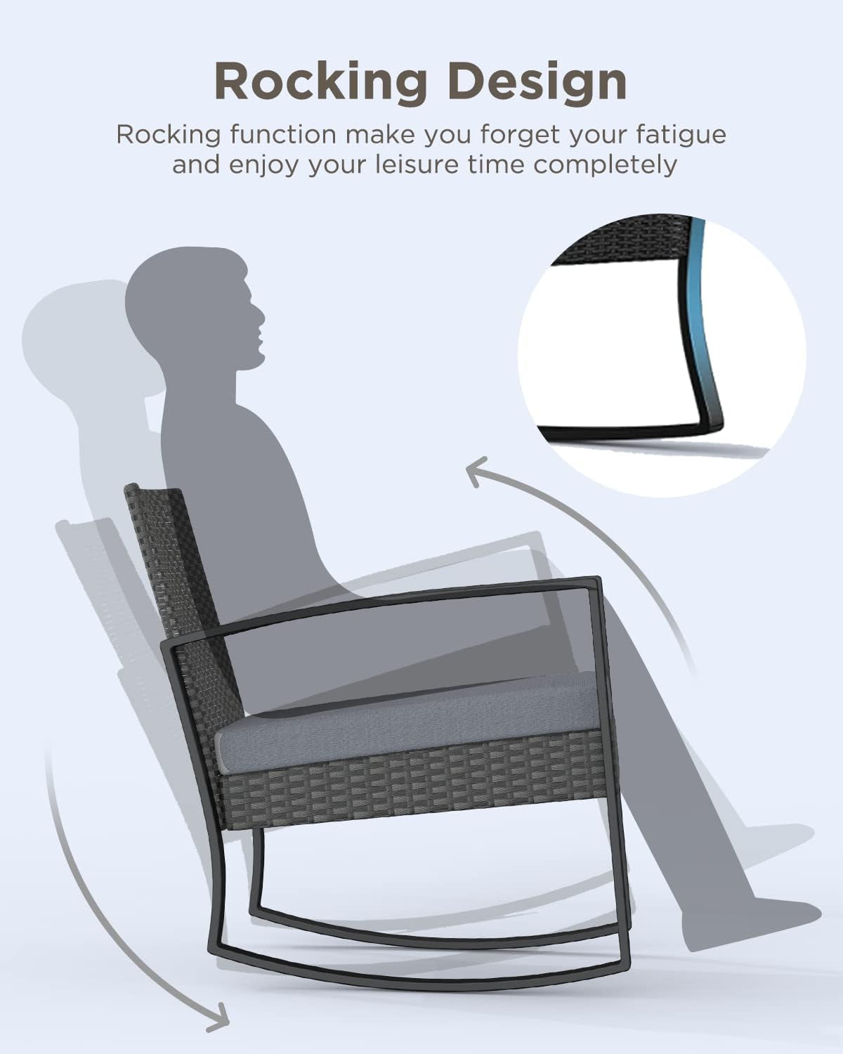 3 Pieces Patio Furniture Set Rocking Bistro Set Outdoor Rattan Conversation with Coffee Table for Garden Balcony Backyard Poolside (Grey Cushion)-4