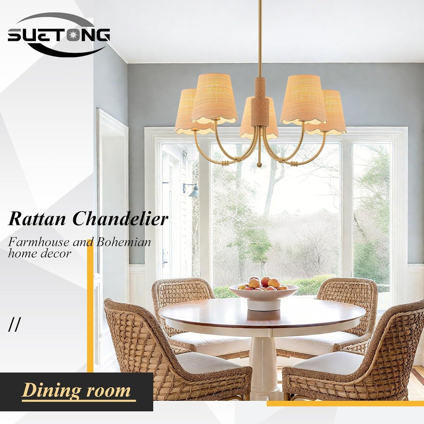 Boho Rattan Chandelier Antique Brass Farmhouse Pendant-4