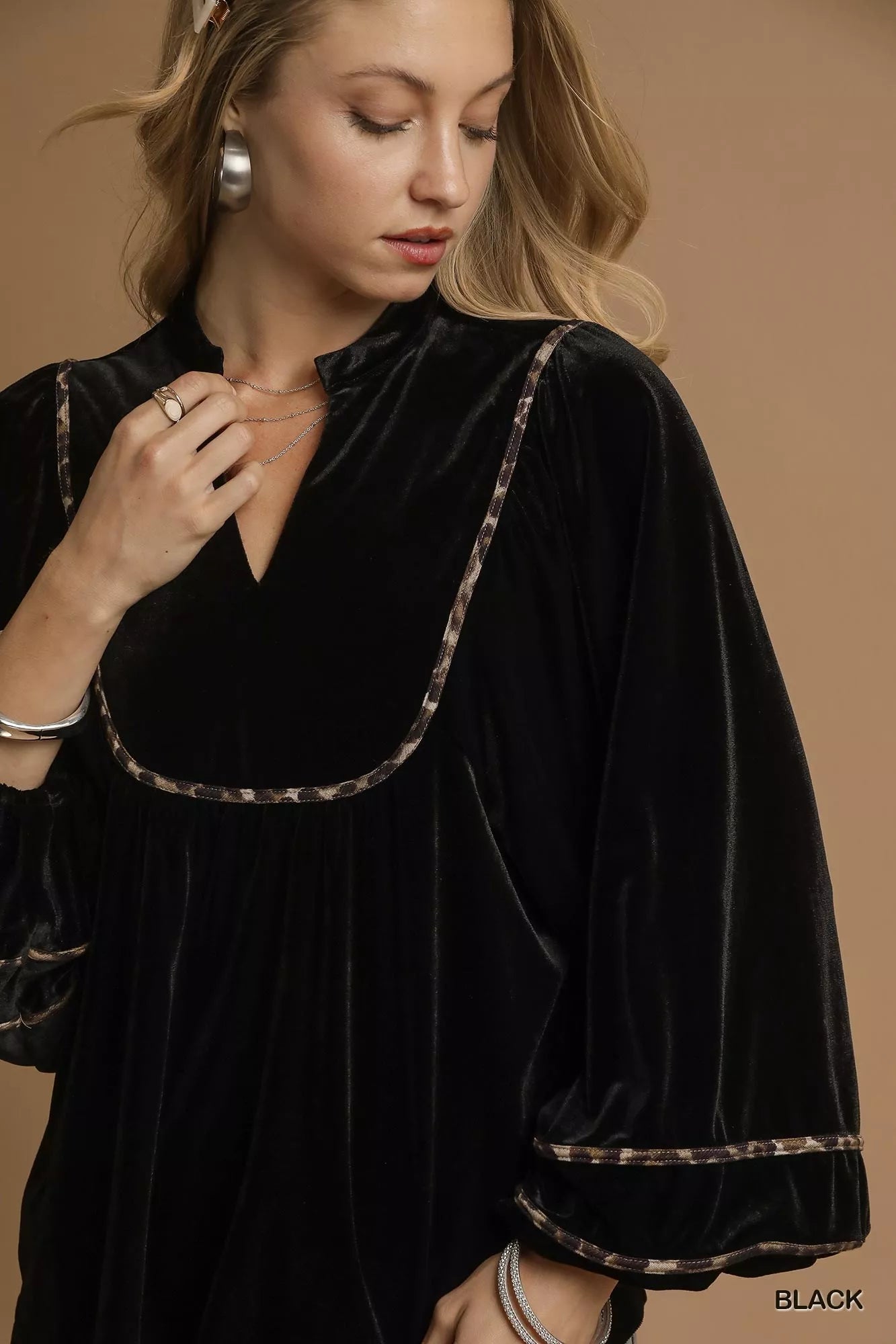 Umgee Velvet Long Sleeve Blouse with Contrast Trim