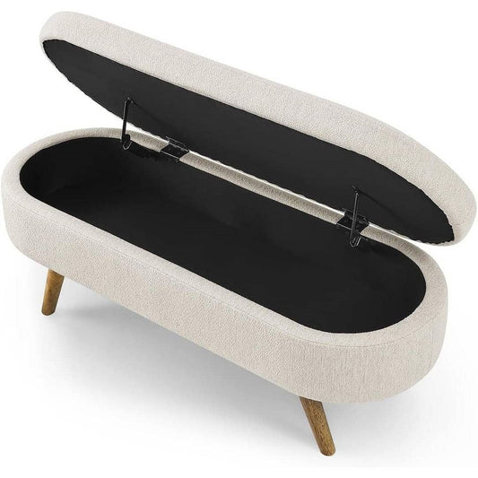 Mid-Century Modern Boho Style Off-White Beige Linen Bedroom Storage Bed Bench-0