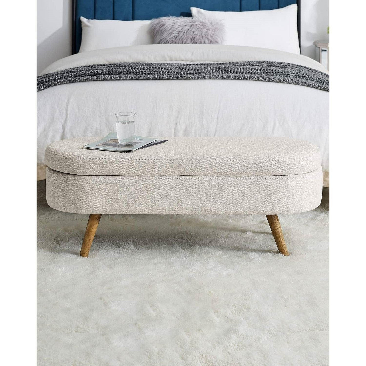 Mid-Century Modern Boho Style Off-White Beige Linen Bedroom Storage Bed Bench-1