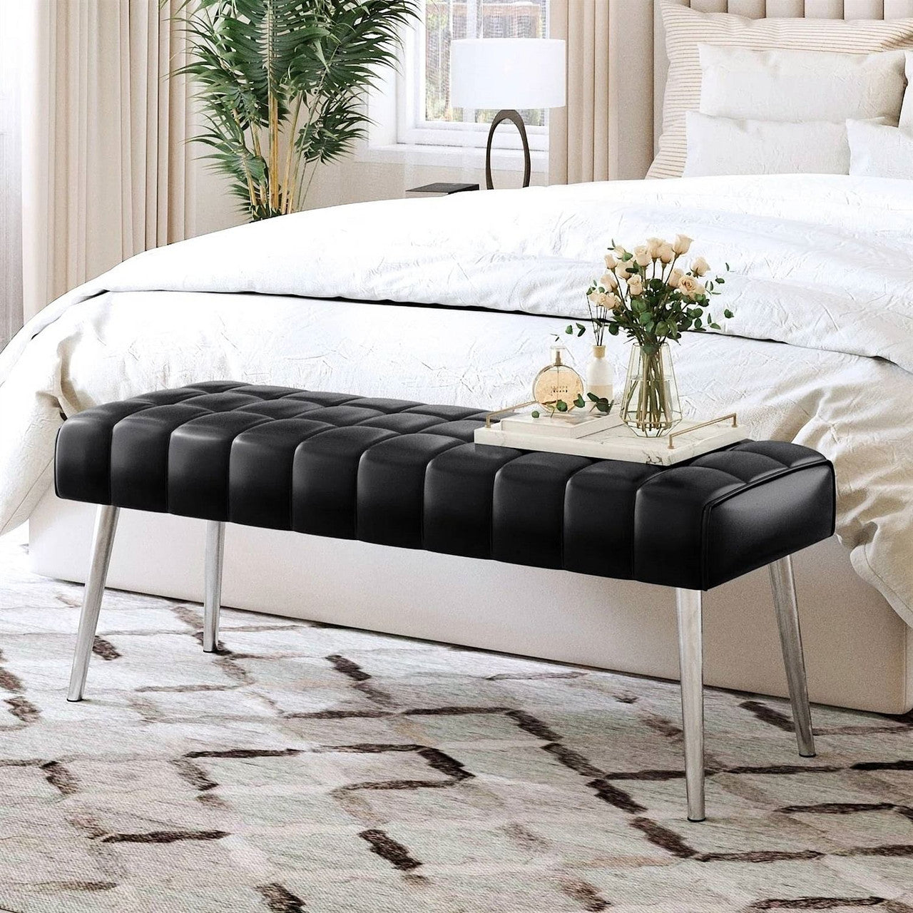 Mid-Century Modern End of Bed Bench with Black PU Leather Seat and Tapered Legs-2