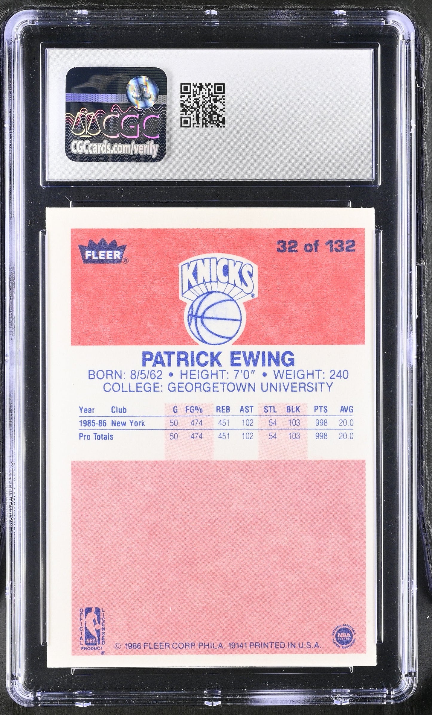 1986-87 Fleer Basketball #32 Patrick Ewing CGC 5 Excellent