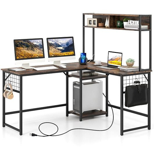 L-shaped Desk with Power Outlet Hutch-Rustic Brown-9