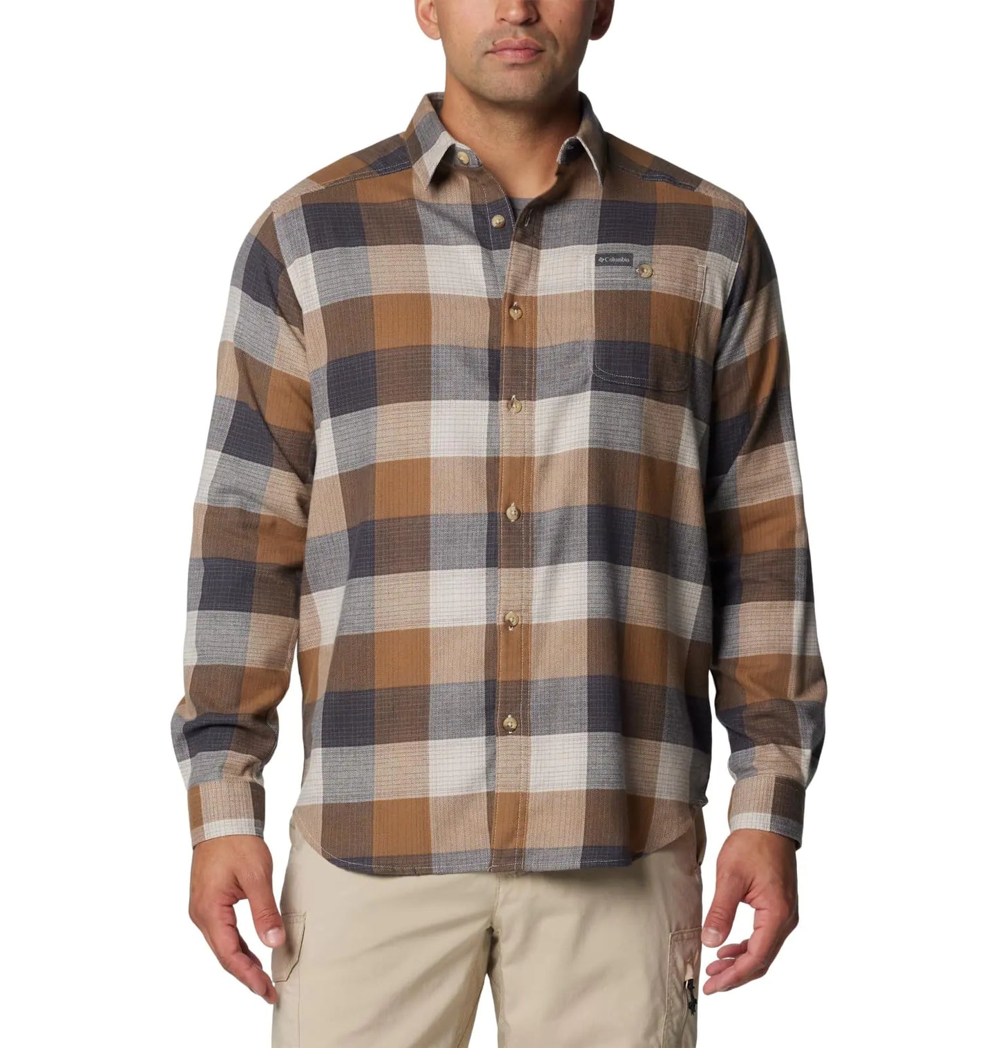 Columbia Mens Cornell Woods Flannel Long Sleeve Shirt Dark Stone Ombre Buffalo X-Large