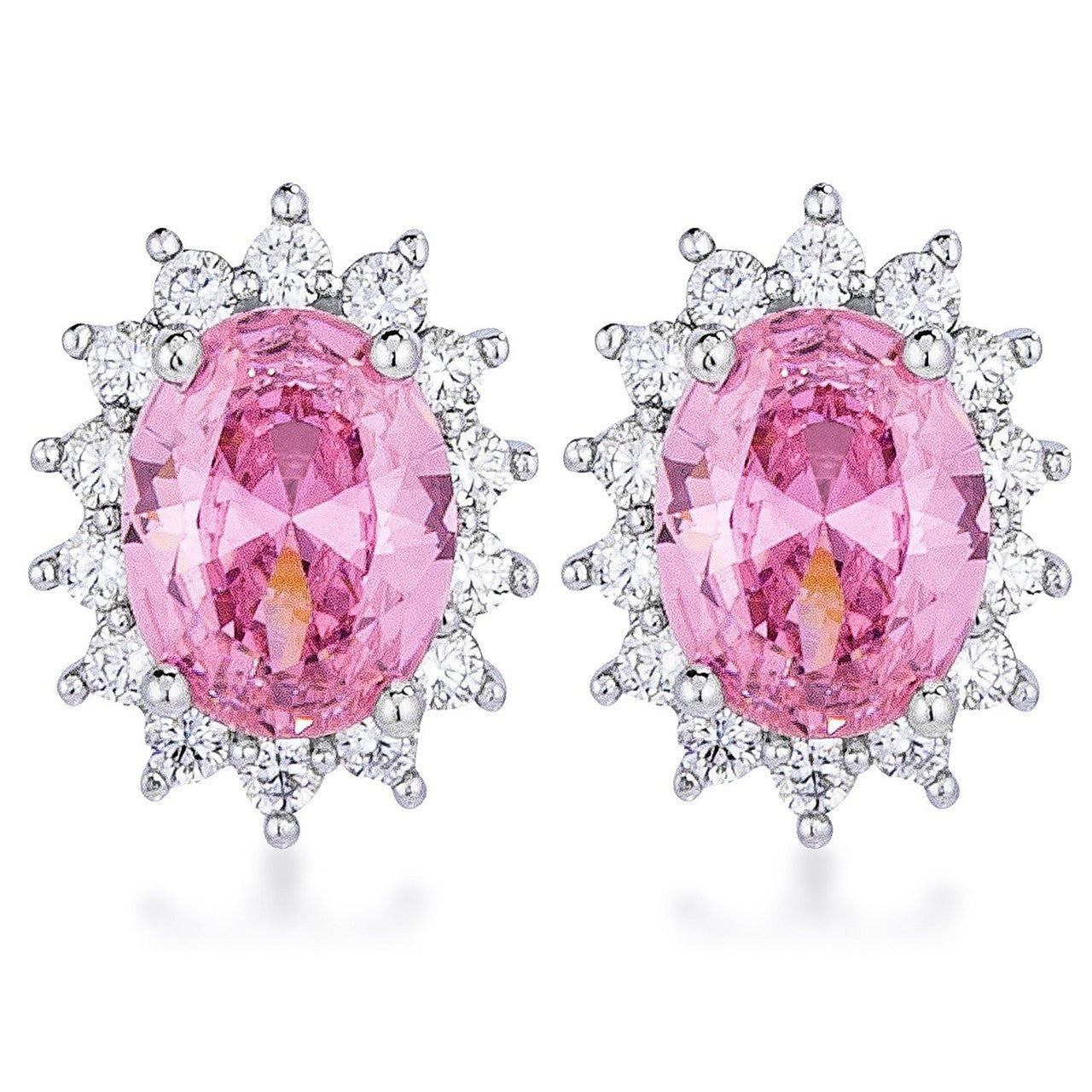 Rhodium Plated Pink Petite Royal Oval Earrings-0