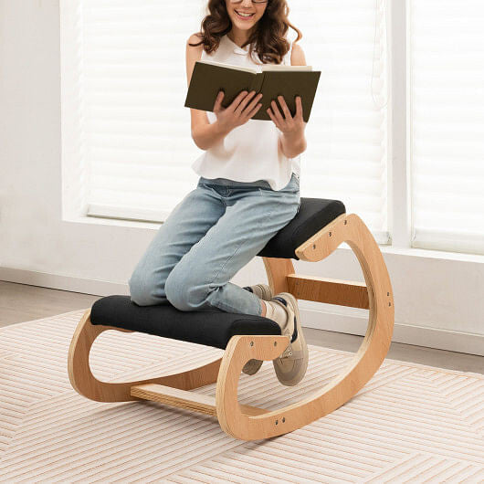 Wooden Rocking Chair with Comfortable Padded Seat Cushion and Knee Support-Black-2