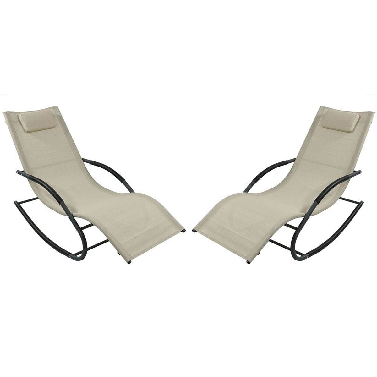 Set of 2 Beige Rocking Chaise Lounger Patio Lounge Chair with Pillow-2