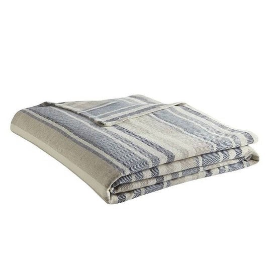 Full/Queen size Navy Blue Tan Cream Chevron Stripe Lightweight Cotton Blanket-0