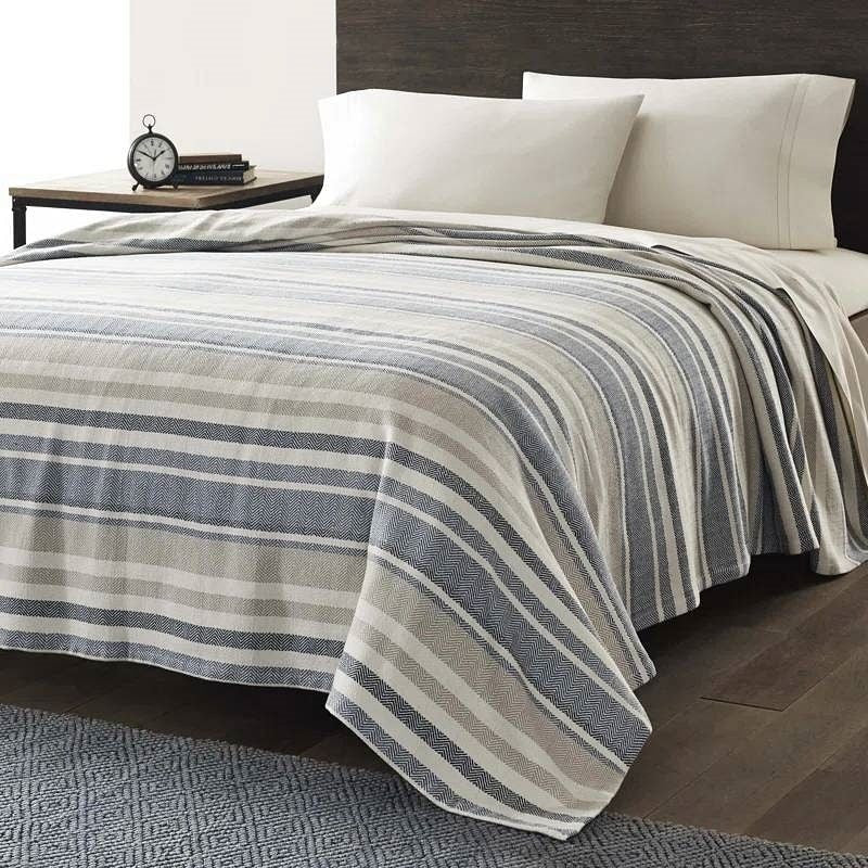 Full/Queen size Navy Blue Tan Cream Chevron Stripe Lightweight Cotton Blanket-2