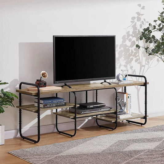 Modern Grey Wood Black Metal Entertainment Center TV Stand for TV up to 75-inch-0