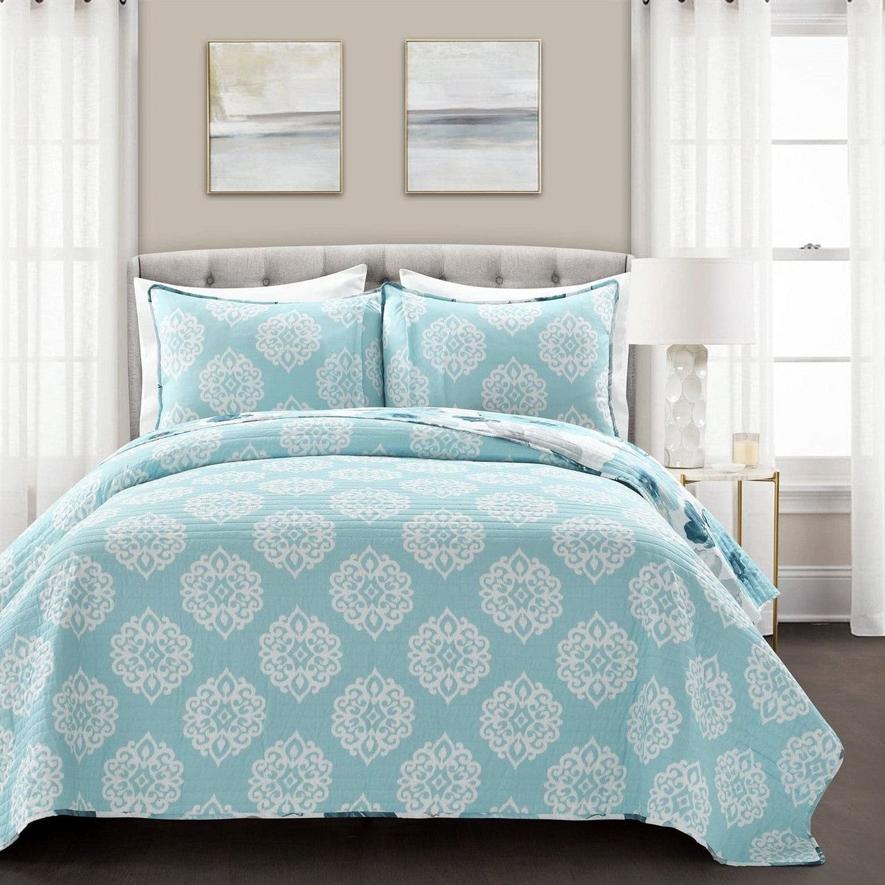 King size Blue Grey Flowers Lightweight Polyester Microfiber Quilt Set-1