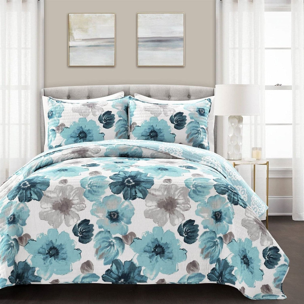 King size Blue Grey Flowers Lightweight Polyester Microfiber Quilt Set-2