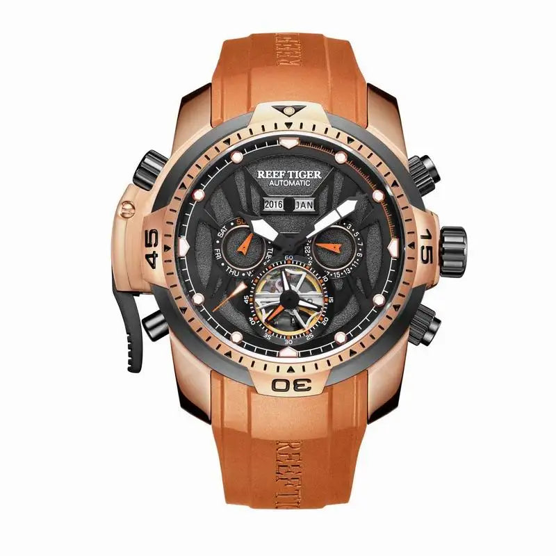 Reef Tiger/RT Orange Sport Watch Men Waterproof Luminous Perpetual Calendar Automatic Mechanical Watches Clock New RGA3532