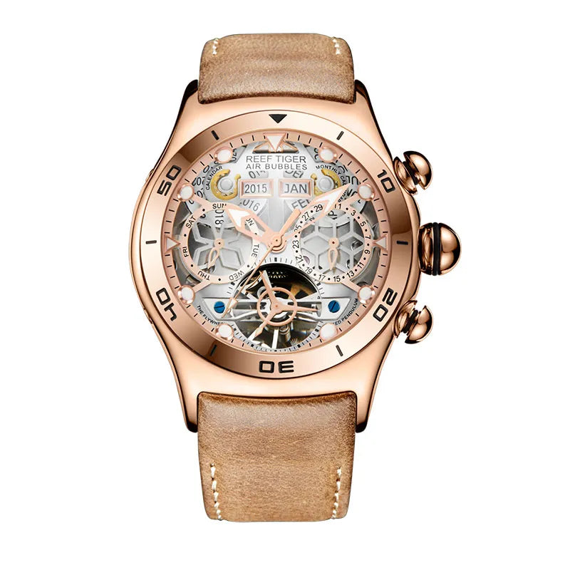 Reef Tiger/RT Sport Watch For Men Skeleton Luminous Watch Year Month Date Day Rose Gold Automatic Watches RGA703